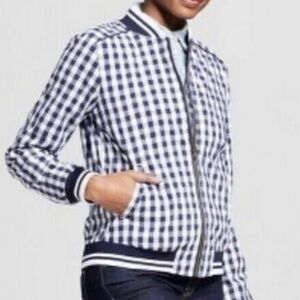 Merona Womens Bomber Jacket Size Large Blue White Gingham Zip Up Long Sleeve